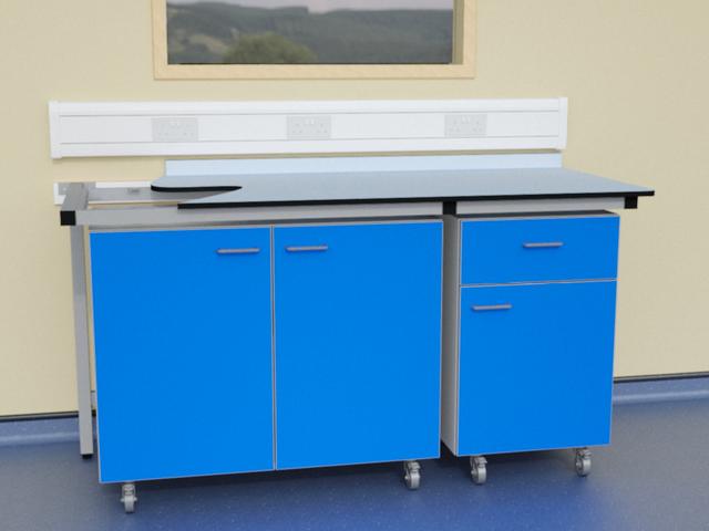Mobile units in T frame support system with Trespa Toplab worktop