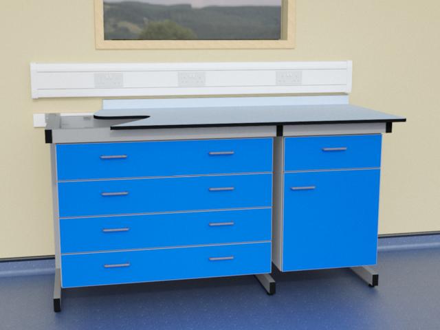 Laboratory suspended units in C frame laboratory support system with Trespa Toplab base worktop