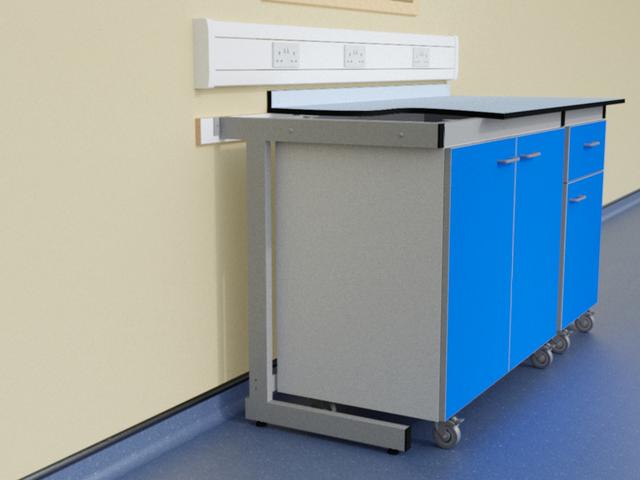 Laboratory mobile units in C frame laboratory support system with Trespa Toplab base worktop